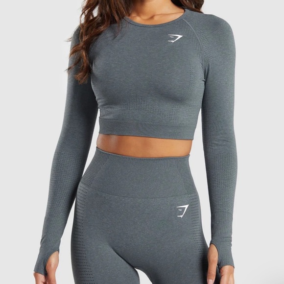 Gymshark Vital Seamless Crop Top workout Long Sleeve Light Grey Athletic Top XL - Picture 11 of 12
